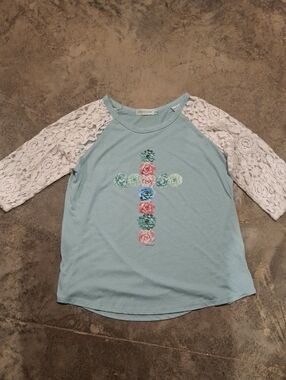 Light Blue Floral Cross Lace Sleeve Top